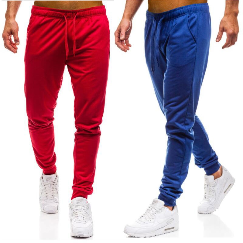 Men Joggers Elastic Waist Long Trousers Brand Fashion Casual Solid Color Fitness Workout Sweatpants Blue Red